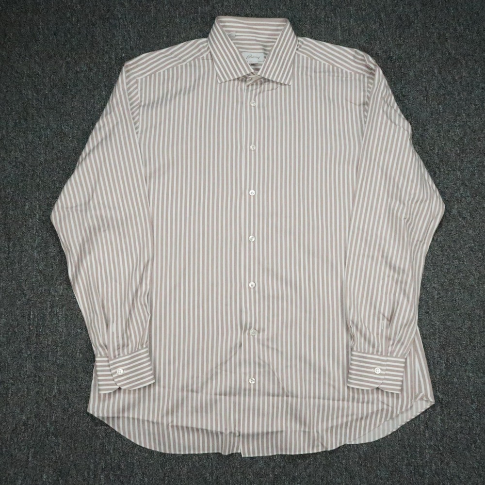 Brioni Shirt Men XL 17.5 Brown White Striped Long Sleeve Button‎ Up